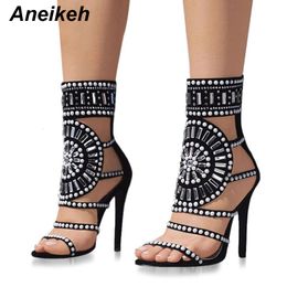 Open Aneikeh Women Toe Design Fashion High Heel Sandals Crystal Ankle Wrap Glitter Diamond Gladiator Black Size 35-42 23031 43