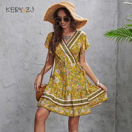 Casual Dresses Summer Women Floral Print Bohemia Beach Yellow Elegant Vacation Sundress Short Sleeve Chiffon 230316