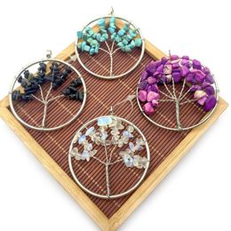 Charms Silver Tree Of Life Pendant Necklace Round Multicolor Natural Healing Reiki Stone Jewellery Accessories Hand-wound