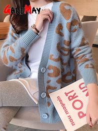 Women's Knits Tees Autumn Winter Knitted Leopard Sweaters Women Korean V Neck Thick Print Cardigan Coat Loose Button Outwear Tops 230316