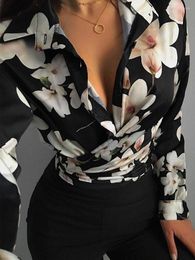 Women's Blouses Summer Sexy V Neck Woman Floral Print Black Fashion Lady Work Wear Tops Long Sleeve Casual Shirt With Botton Design