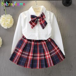 Clothing Sets 2PCS/2-6Years/Spring Autumn Baby Girls Outfits Korean Kids Clothes Suit Bow White Shirt Plaid Skirt Children Set BC1199