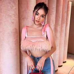 Women's Tanks Sexy Bandage Furry Hem Vest Women Fashion Square Collar Pink Lace Up Backless Club Party Tank Crop Top Y2k Clothes Streetwear