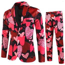 Men's Suits Mens Valentines Day Printing Fashion Casual Party Dress Up Cotton Blended Yarn Suit Coat Pants Two Piece Coats