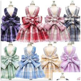 Dog Apparel Cute Plaid Pattern Skirt With Bow Pet Harnesses And Leash Set Cat Pets Clothes Vest Princess Tutu Dresses For Small Dogs Dh3Gn