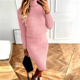 Casual Dresses 2 Pcs/Set Sweater Skirt Set High Collar Two Piece Solid Color Knitted Sheath Keep Warm Long Sleeves Waist Elastic Lady
