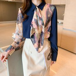 Women's Blouses Menahem 2023 Fashion Chain Printing Ladies Shirt Epaulet Tops Long Sleeve Chiffon Blouse Stitching Printed Silk Scarf