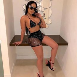 Women's Swimwear 2023 Summer European And American Ladies Sexy Solid Color Transparent Shiny Mesh Diamond Halterneck Swimsuit Suit