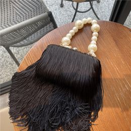 Evening Bags Tassel Small Square Bag Female Pearl Chain Handbag Dinner Bag High Quality Long Tassel Clutch Bag Black Evening Bag 230316