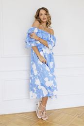 Casual Dresses Backless Sexy Long Beach Dress Women White Blue Floral Boho Chiffon Dress Summer Party Short Sleeve Maxi Dresses For Women 230316