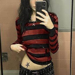 Women's T-Shirt hirigin Grunge Striped T-shirt with Pocket Women Long Sleeve Crop Top Tees Vintage Gothic Dark Academia Mall Goth Clothes 230316