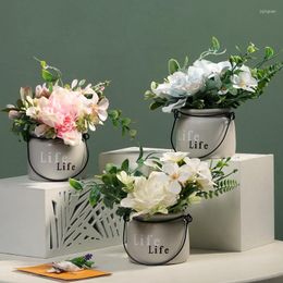 Decorative Flowers Hydrangea Ceramic Fake Flower Potted Home Living Room Wine Cabinet Decoration Artificial Plant Ornaments