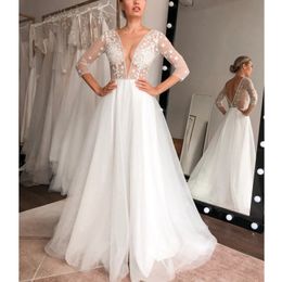 Bohemian A-line Wedding Dresses V Neck Long Sleeve Lace Appliqued Wedding Dress Backless Ruffle Sweep Train Custom Made