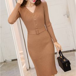 Casual Dresses Knitted Belt Long Sleeve Dress Women Slim Bodycon Autumn Korean Elegant Fall Winter Button V Neck Sweater Midi Ribbed Dress 230316