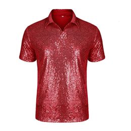 Men's Polos Shiny Gold Sequin T-Shirt Men Short Sleeve Turn Down Collar 10 Colours Disco Nightclub Party T shirt Cosplay Christmas Costume 230316