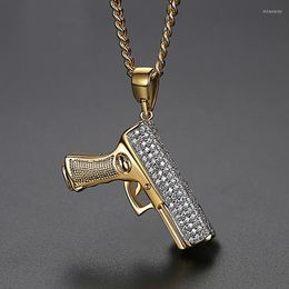 Pendant Necklaces Hip Hop CZ Stone Paved Bling Iced Out Two Tone Gun Pendants Necklace For Men Rapper Jewellery Drop