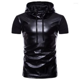 Men's T Shirts WSGYJ Shirt Men 2023 Summer Short Sleeve Hooded Patch Leather Fashion Hip Hop Tees Fitness Clothing Black