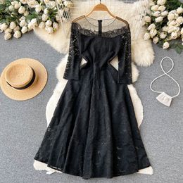 2023 Spring New Black French Lace Dress Mesh Splicing Temperament Big Swing Sexy Celebrity Dress