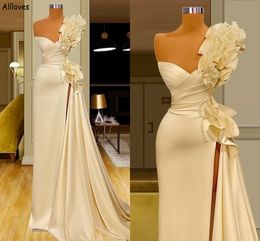 Elegant Ivoy Satin Sheath Wedding Dresses Modeest Ruffles Beading One Shoulder Simple Boho Bridal Gowns With Sexy High Split Pleated Reception Party Dress CL2019