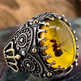 Wedding Rings Vintage Oval Natural Yellow Agate Stone For Men Punk Metal Two Tone Ancient Carving Ant Ring Turkish JewelryWedding