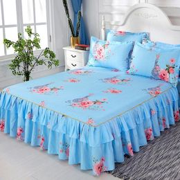 Bedding Sets Classic Double Layer Bed Skirt Set Flower Printing Skirts Linen 3pcs/set Pastoral Sheet Home Textile Pillowcase