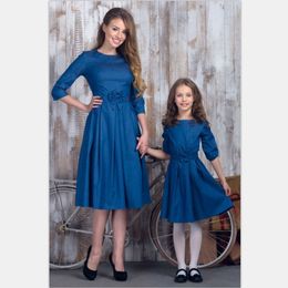 Family Matching Outfits Mother Daughter Dresses Half Sleeve Family Matching ClothesMother Kids Mom And Daughter Dress Red Blue Solid Colour Family Look 230316