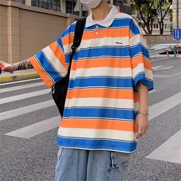 Men's Polos Striped Polo Shirt Male Harajuku Oversized Tshirt BoyS High Street Hip Hop Loose Short Sleeve Gothic Polo Cool Japan T Shirt 230316