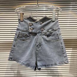 Women's Jeans Collection High Waist Rhinestone Double Breasted Buttons Light Blue Stretch Denim Shorts Women Short GF349