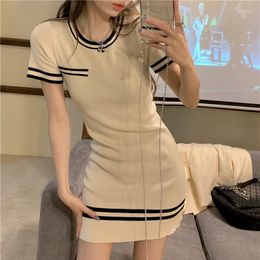 Casual Dresses Dress Fashion Woman Summer Knitting A Line Short Sleeve Stripes Sale Vestidos Drop LYY6478