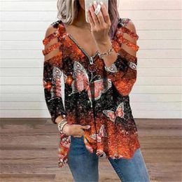 Women's Blouses Womens Tops And Butterfly Prints Cold Shoulder Long Sleeve Ruched Casual Vintage Loose Pullover Blusa Feminina #35