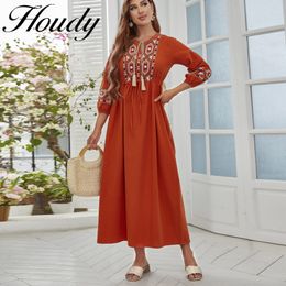 Casual Dresses Summer Fashion Dress Solid Colour Embroidered Pattern Lace Up Bubble Long Sleeve Cotton Linen Long Skirt Saudi Arabian XXL 230316