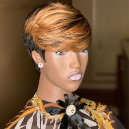 Ombre Color Brazilian Remy Hair Short Bob Wig With Bangs Straight Honey Blonde Full Lace Front Pixie Cut Wigs For Black Women