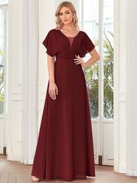Party Dresses Elegant Evening Dresses Double V-neck a flowy skirt and Ruffle Sleeves Ever Pretty of Chiffon Burgundy Bridesmaid Dress 230316