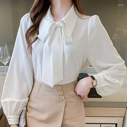 Women's Blouses Spring Elegant Long Sleeve White Shirt Woman Fashion Bow Satin For Women Casual Solid Tops Blusas Feminina 24551