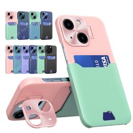 Metal Lens Stand Holder Protection cases Cover For iPhone 15 11 12 13 14 Pro Max Case Leather Card Bag For samsung s22 s23 ultra Plus Case