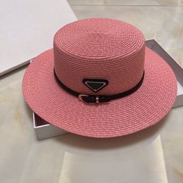 Wide Brim Straw Bucket Caps Hats Fedoras for Men Womens Designer Sun Protection Spring Summer Fall Beach Vacation Getaway Flat Top Headwear with Black Ribbon Pink