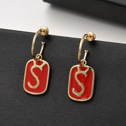 Showy Red Dangle Plate Charm with Gold Border Women Letter Geometry Eardrop Female Large Arc Ear Stud