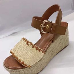 Women Straw Shoes Big Size Women Wedge Sandals Open Toe Gold Colour Wedge Shoes Fashion Buckle Sandal Straw Bottom Pumps Lady 35-41 With Box NO378