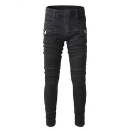 Men's Jeans Men's Black Jeans Pant Ripped Slim Motorcycle Biker Ribs Zippers Stretch Washed Denim Jean Black Trousers size 28-40 230316