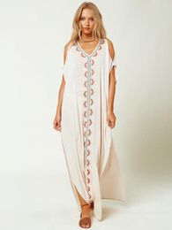 Women's Swimwear White Beach Dresses Cold Shoulder Maxi Robe Embroideried Kaftans For Women Swimsuit Cover Up Summer Holiday Pareo Bathing