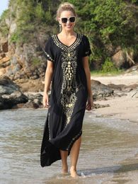 Women's Swimwear Kaftan Beach Wear Women 2023 Embroidered Swimsuit Cover Up Short Sleeve Long Bohemian Dress Tunic Bathing Suits Drop