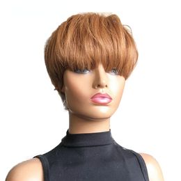 Honey Blonde Colour Short Bob Pixie Cut Wig With Bangs Straight Remy Brazilian Human Hair Full Lace Front Wigs For Black Women