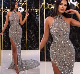 Luxury Sequined Pageant Evening Dress Halter High Split Crystal Grey Mermaid Formal Occasion Prom Party Gowns Arabic Aso Ebi Robe de Soiree 2023