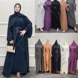 Ethnic Clothing 4 Piece Abaya Set Open Kimono Cardigan Hijab Dress Wrap Tie Skirt Dubai Kaftan Jalabiya Muslim Islamic Turkish Modest Robe