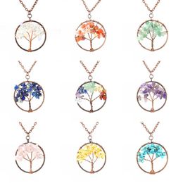 Natural Stone Gravel Crystal Tree of Life Pendant Necklace for Women Fashion Quartz 7 Chakra Charm Sweater Chain Jewellery Gift