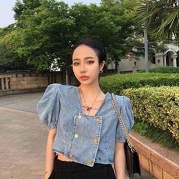 Women's Blouses Blouse Women Shirt Summer Square Collar Puff Sleeve Blue Short Denim Navel Jacket Top For Blusas Mujer De Moda