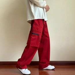 Men's Pants Red Black Cotton Cargo Pants Men Fashion Pocket Casual Pants Men Japanese Streetwear Hip Hop Loose Straight Pants Mens Trousers 230316