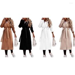 Casual Dresses Women Solid Colour Long Coat Turn-Down Collar Full Sleeve Belted Jackets Outwear L5YB