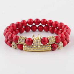 Strand CZ Copper Geometric Shaped Couple Distance Bracelets For Women Men Red Natural Stone&Cubic Zirconia Crown Charm Bracelet