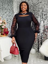 Plus Size Dresses Red Patchwork For Women O Neck Cut Out Long Lantern Sleeve Empire Bodycon Mesh Dot Evening Party Outfits 4XL